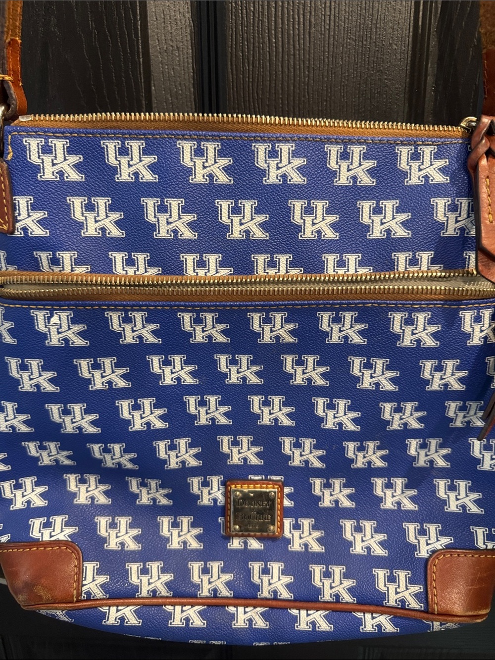Dooney & Bourke Blue Pattern Logo Crossbody with Brown Leather Trim - Picture 2 of 8